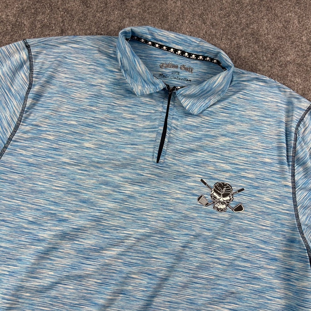 Tattoo Golf Polo Shirt Mens 2XL Blue Space Dye Quarter Zip Epic Collection Skull